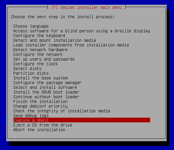 A screenshot of the Debian installer main menu with the Execute a shell option highlighted
