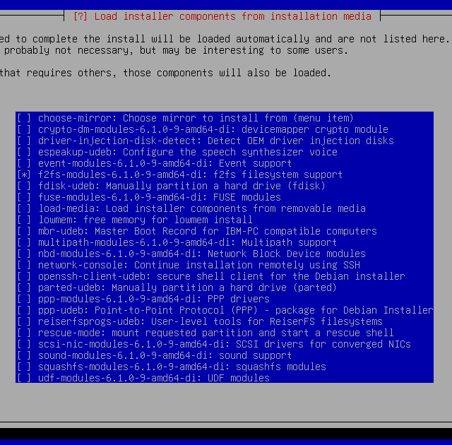 A screenshot of the Debian installer component installation menu with the f2fs-modules option selected